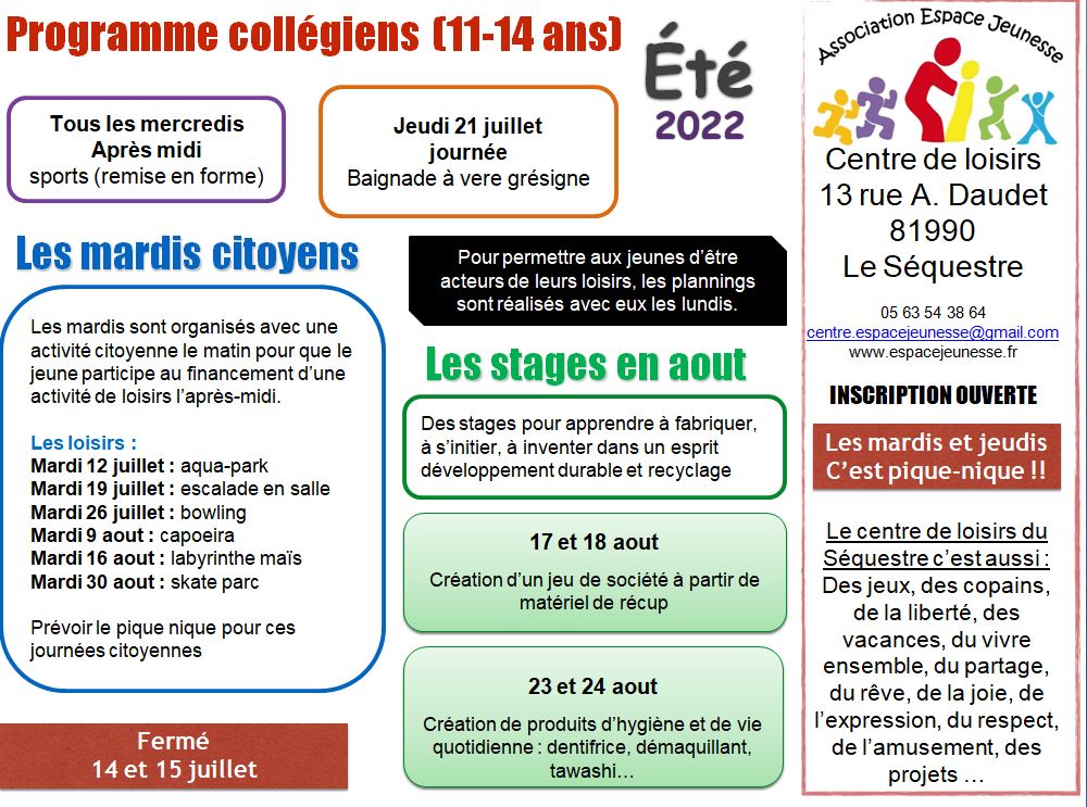 programme été collégiens