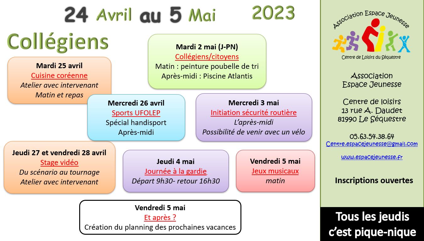 vacances avril- collégiens