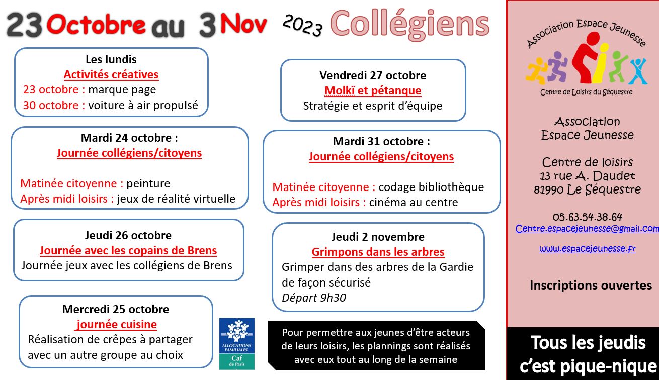 vacances octobre 2023- collegiens