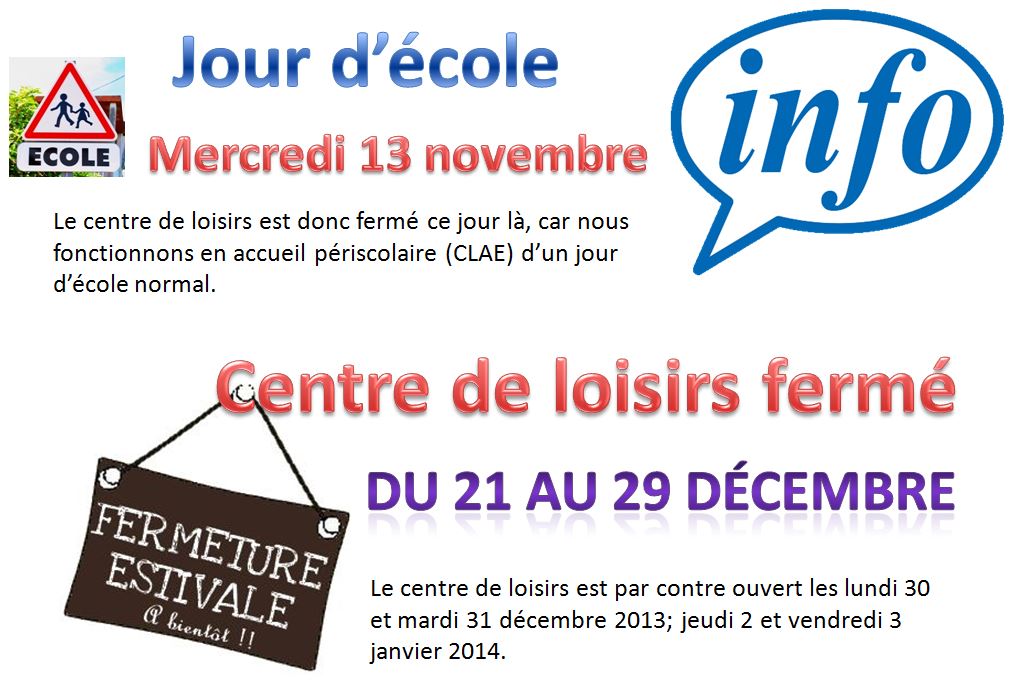 info fermeture et école Association Espace Jeunesse